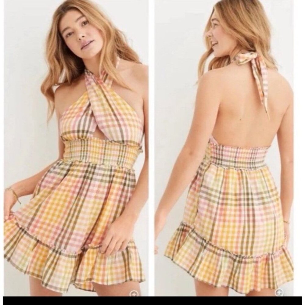 NEW Aerie Spring Fling Gingham Dress Mini Ruffle Halter Open Back Cocktail LARGE